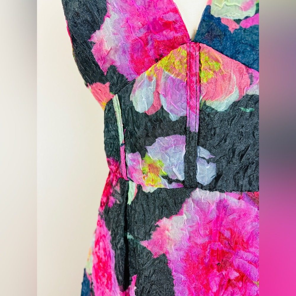 MONIQUE LHUILLIER Gisellle Crinkled Floral Organza Midi-Dress Size 2 NWT - Picture 3 of 9